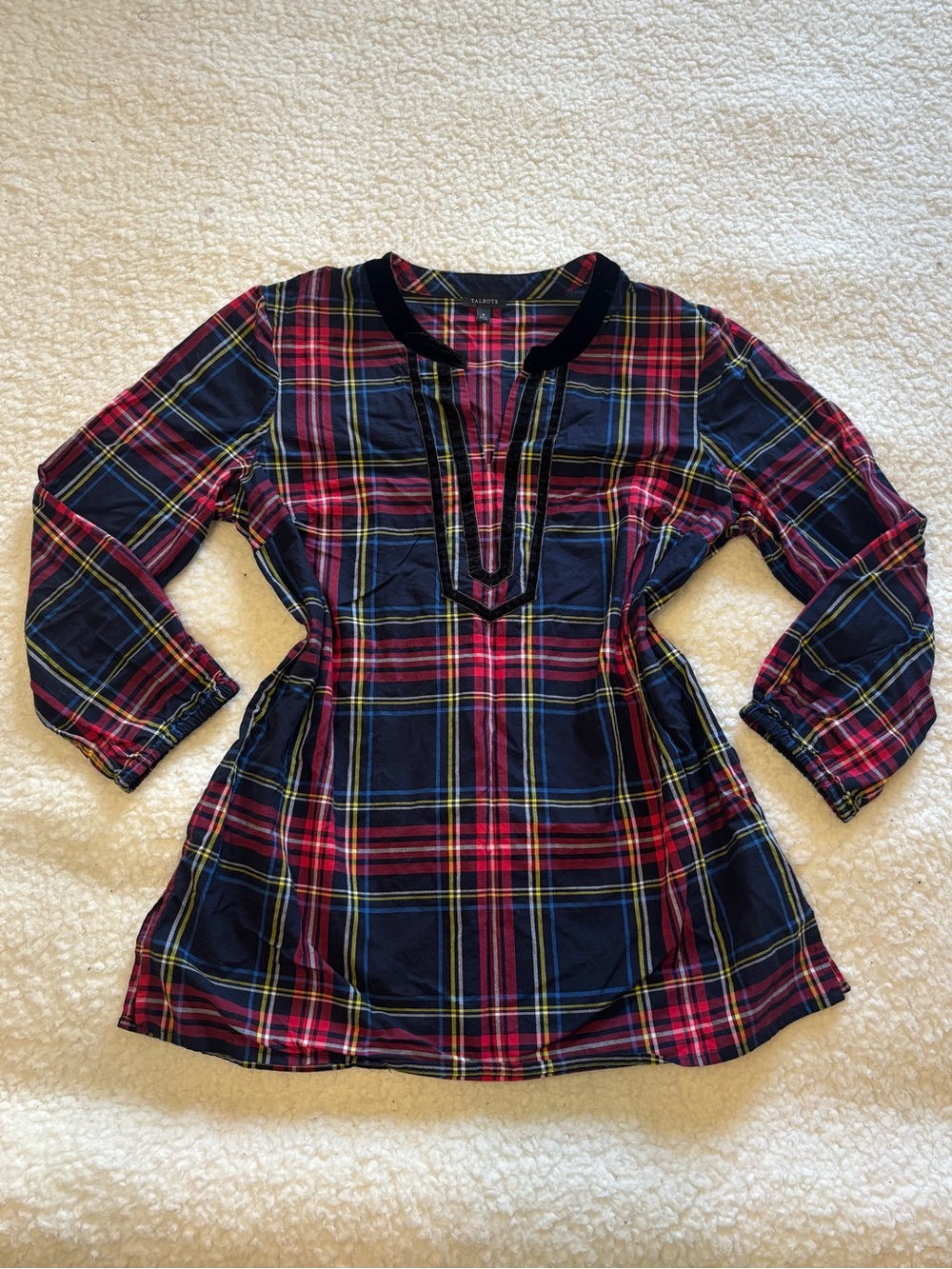 Talbots Women Cabin Plaid Cotton Split Neck Tunic Top